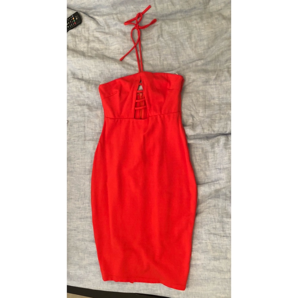 Coral Halter Bodycon Midi Dress